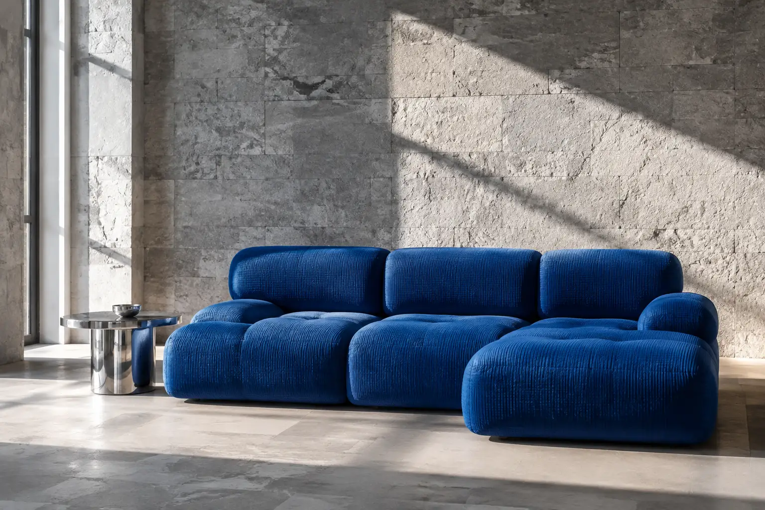Conceptual blue foam sofa in a sunlit interior