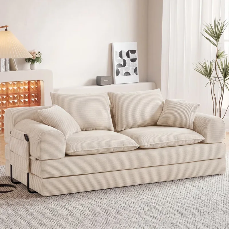Dyonery 79-inch 5-in-1 convertible sofa bed in Beige corduroy