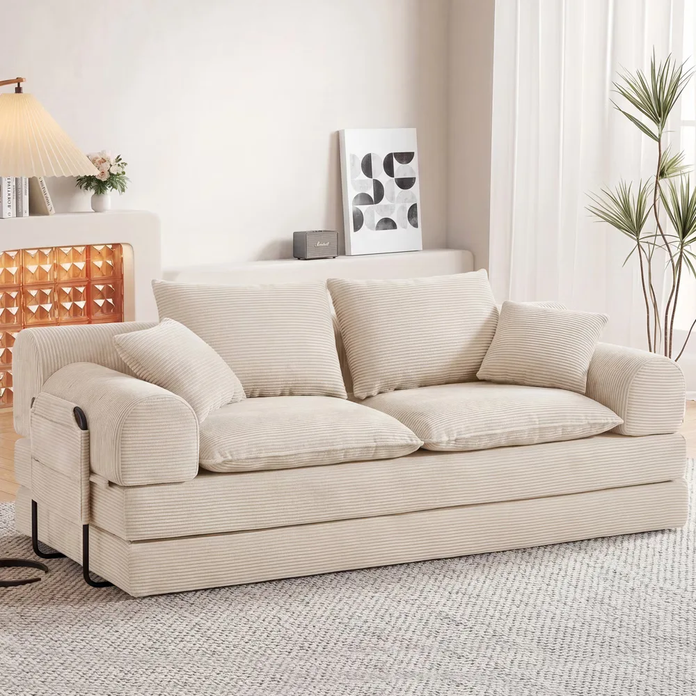 Dyonery 79-inch 5-in-1 convertible sofa bed in Beige corduroy